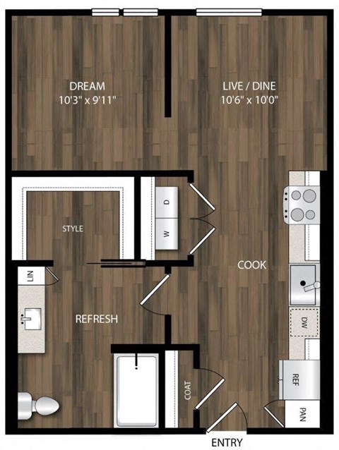 Floor plan for studio, 1 bath, 618 sqft